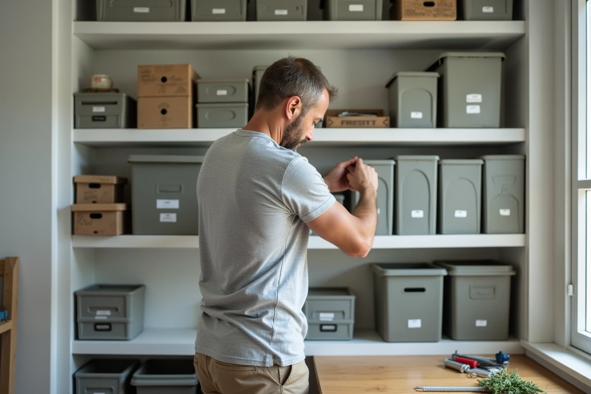 Homme organisant des boîtes et des livres étiquetés sur des étagères dans un bureau à domicile bien rangé