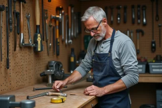 Homme organisant ses outils sur un établi en bois dans un atelier bien rangé avec des crochets muraux et des bacs de rangement