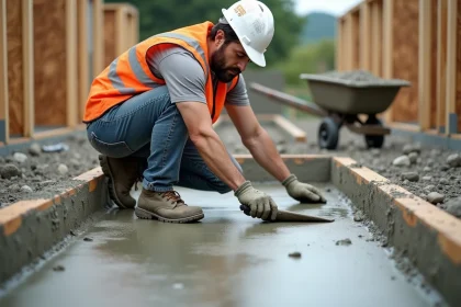 Ouvrier en train de lisser une dalle de béton fraîchement coulée sur un chantier résidentiel