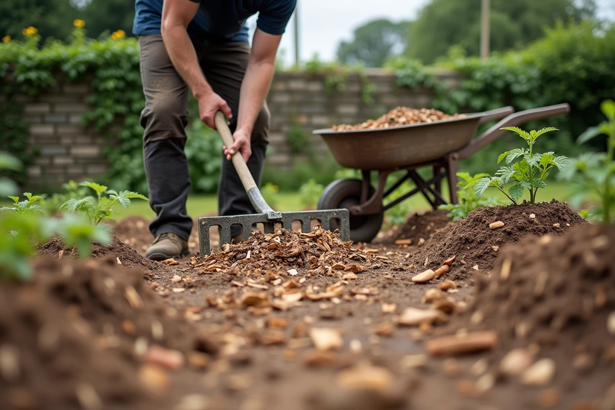 Homme étendant du paillis de bois sur un potager sans labour avec des semis de légumes