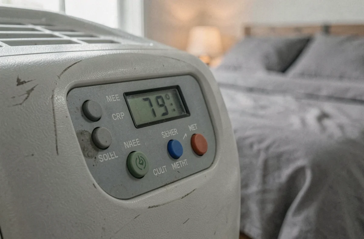 Gros plan sur le panneau de commande d'un radiateur à accumulation électrique avec écran LCD affichant la température dans une chambre