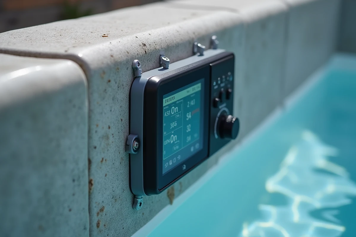 Panneau de contrôle de traitement de l'eau d'un spa de nage avec électrolyseur au sel et générateur d'ozone en gros plan