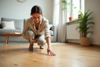 Femme touchant un parquet en chêne massif dans un salon scandinave épuré, illustrant les revêtements de sol sains et naturels
