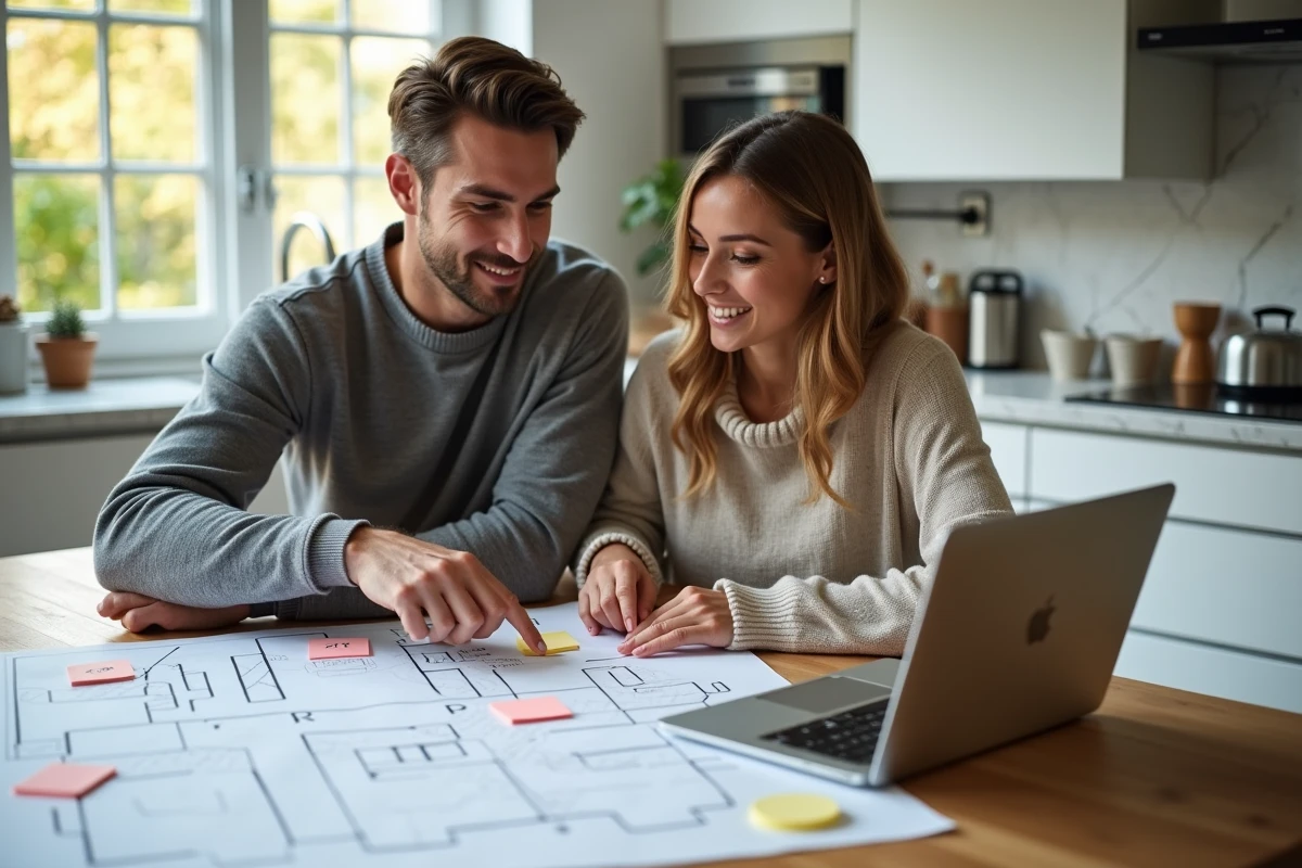 Couple planifiant le volume de déménagement autour d'un plan de maison et d'un calculateur en ligne sur un ordinateur portable