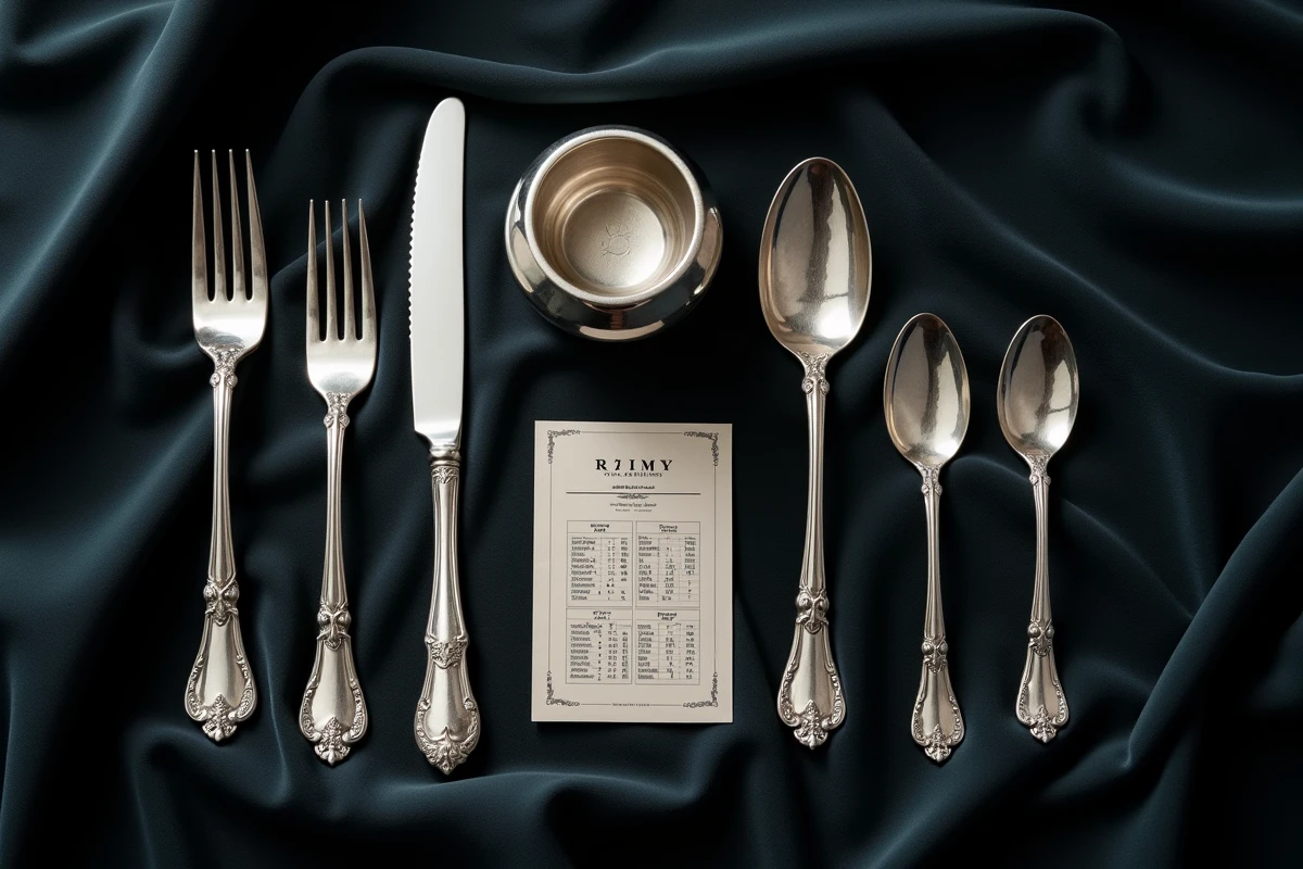 Disposition à plat de couverts et objets en métal argenté avec poinçons visibles sur velours sombre pour identification