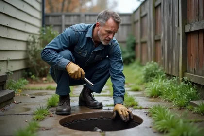 Plombier inspectant un drain de fosse septique saturé dans un jardin résidentiel
