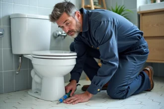 Plombier appliquant du silicone au pied d'une toilette pour empêcher les mouvements