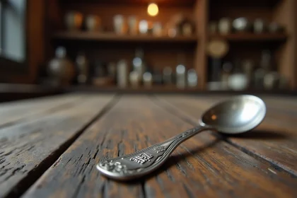 Gros plan macro sur un poinçon gravé sur le manche d'une cuillère en métal argenté ancien posée sur une table en chêne