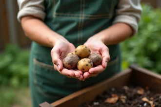 Mains de jardinière tenant des pommes de terre pourries au-dessus d'un bac à compost en bois dans un jardin