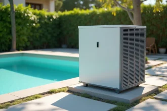 Pompe à chaleur pour piscine installée sur une terrasse en pierre dans un jardin résidentiel avec piscine turquoise en arrière-plan