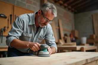 Artisan quadragénaire utilisant une ponceuse orbitale sur une table en bois dans un atelier de menuiserie authentique