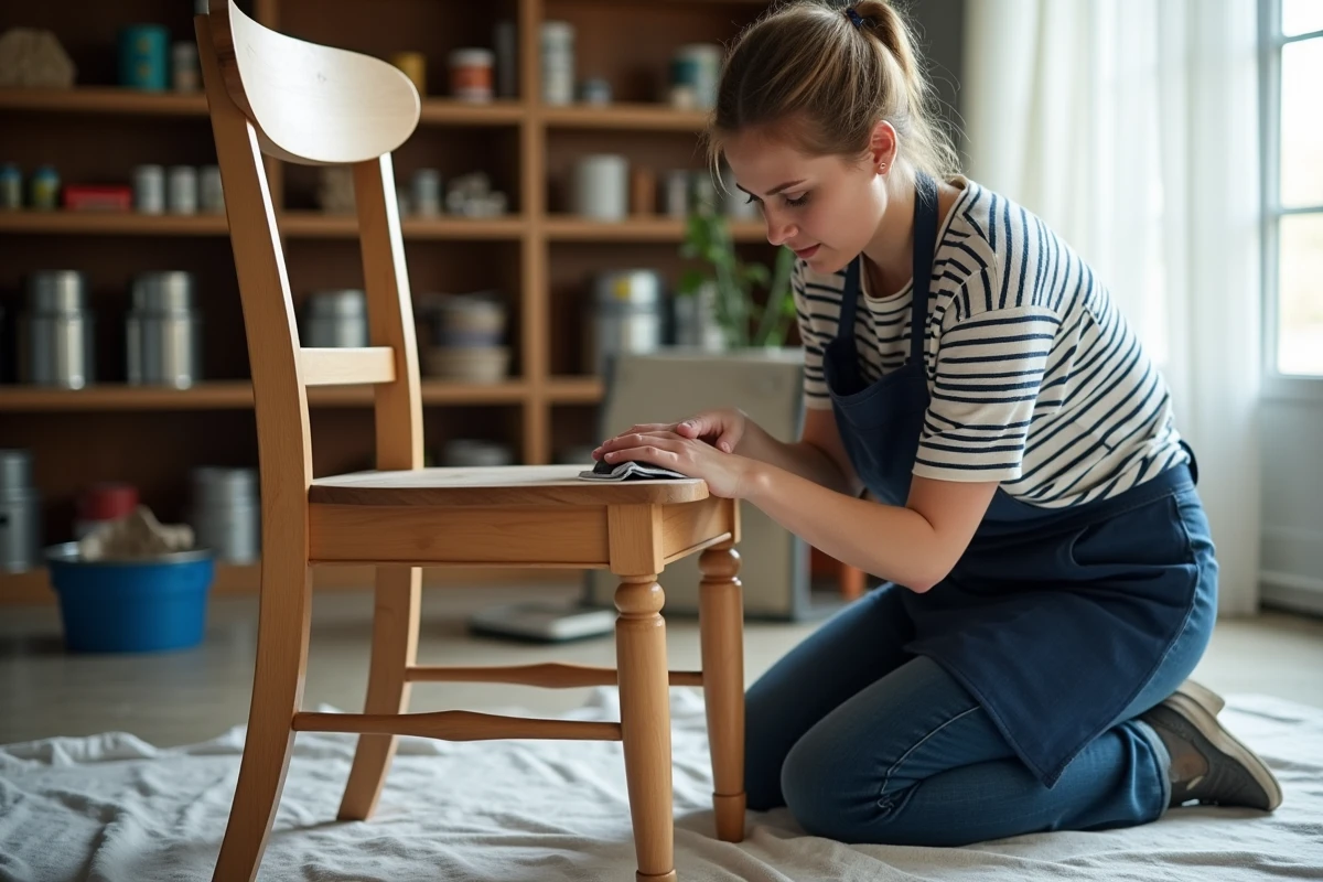 Femme ponçant à la main une chaise en bois dans un garage domestique lors d'un projet de rénovation de meuble