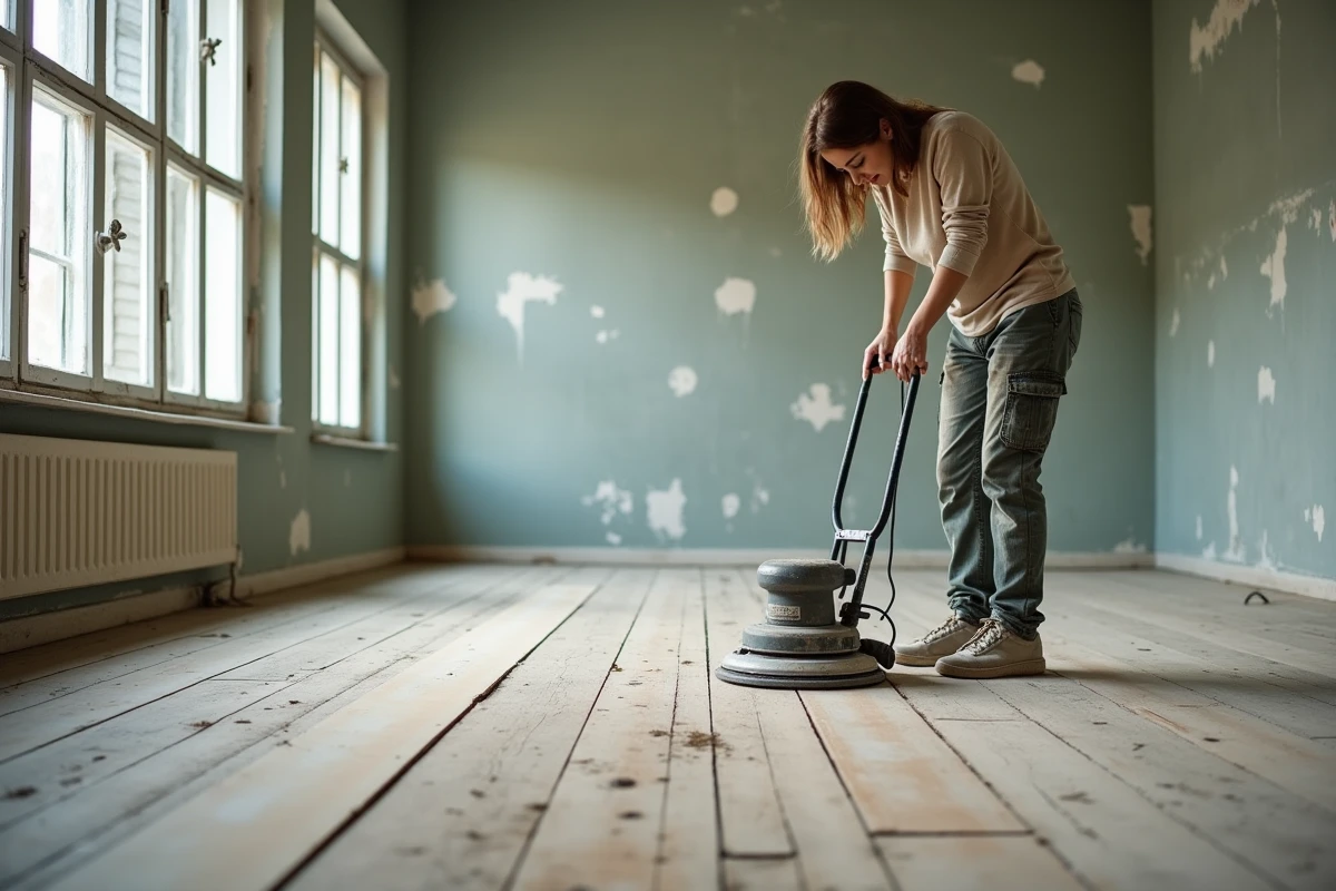 Femme ponçant un vieux plancher en chêne avec une ponceuse à parquet pour rénover un sol ancien