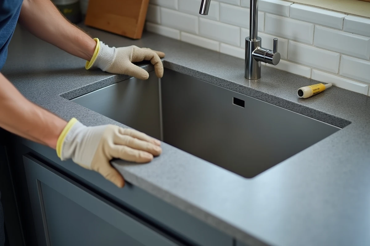 Gros plan sur l'installation d'un évier en inox dans un plan de travail en quartz par un poseur de cuisine Conforama