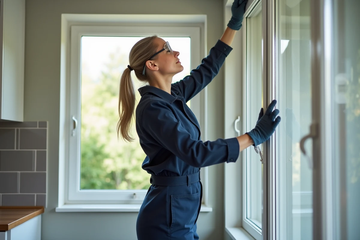 Femme posant une fenêtre en PVC double vitrage lors d'une installation de fenêtre faite maison