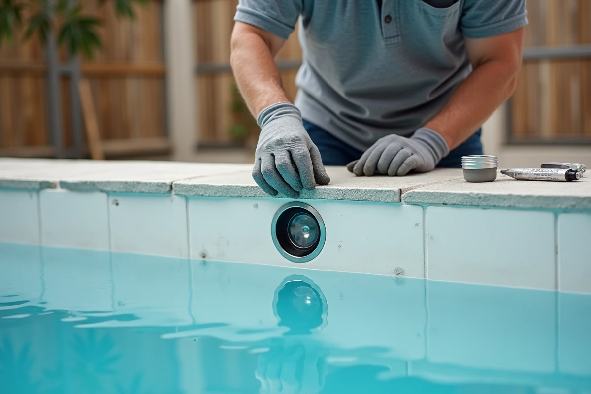 Installateur posant un spot LED encastré dans la paroi d'une piscine en construction