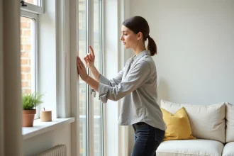 Femme installant une tringle à rideau sans perçage sur un encadrement de fenêtre blanc dans un salon scandinave
