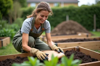 Femme installant du carton dans un potager en lasagnes sans retournement de la terre