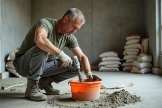 Ouvrier préparant un dosage de chape ciment dans un seau sur un chantier de rénovation intérieure