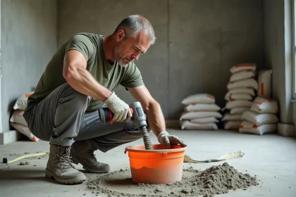 Ouvrier préparant un dosage de chape ciment dans un seau sur un chantier de rénovation intérieure
