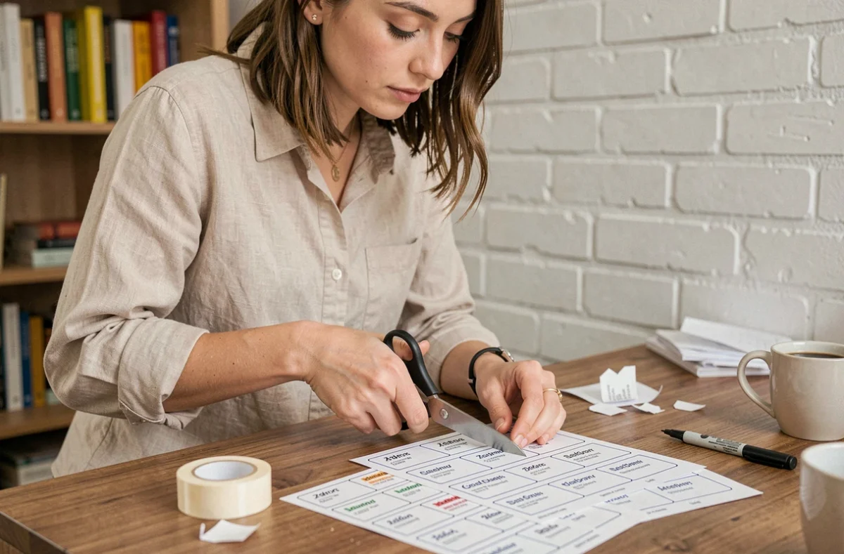 Jeune femme découpant des étiquettes imprimées pour boîte aux lettres de colocation à son bureau