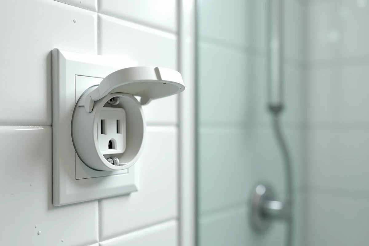 Gros plan sur une prise électrique IP44 avec joint d'étanchéité installée sur carrelage mural en salle de bains