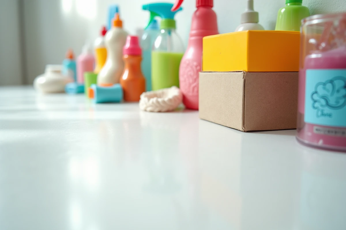 Assortiment de produits de discount avec étiquettes indiquant le pays de fabrication, comme Made in China ou Made in Bangladesh