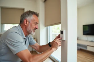 Homme programmant un volet roulant Somfy RTS en appuyant sur les boutons du panneau mural de télécommande
