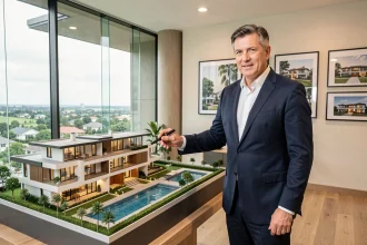 Promoteur immobilier présentant une maquette de villa luxueuse dans un bureau de vente moderne