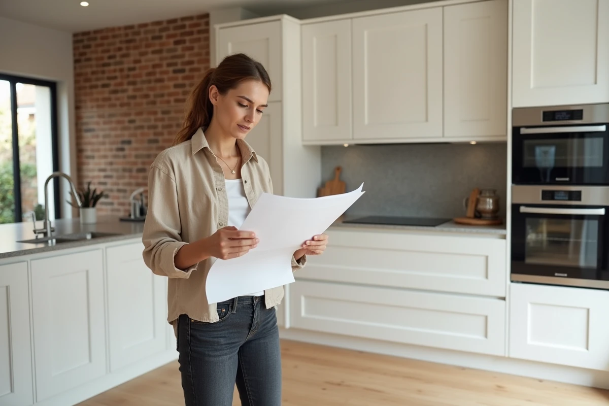 Propriétaire examinant les plans d'une cuisine installée par Conforama dans un appartement moderne