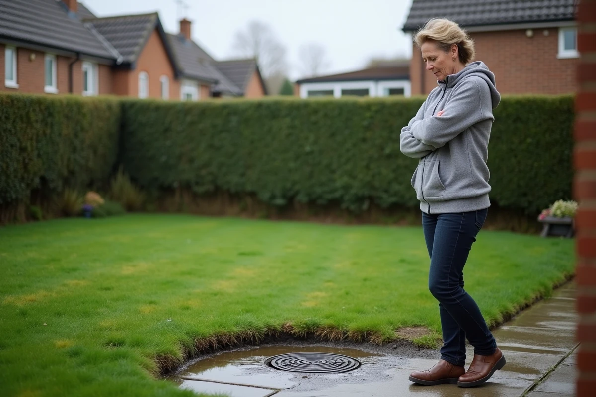 Propriétaire inquiète face à un refoulement de fosse septique saturée dans son jardin