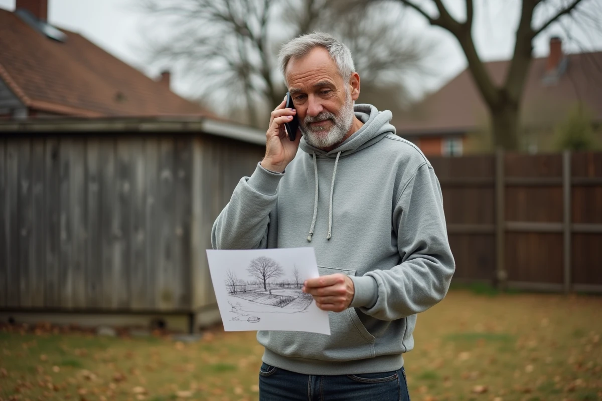 Propriétaire consultant par téléphone pour planifier un projet d'aménagement de jardin extérieur