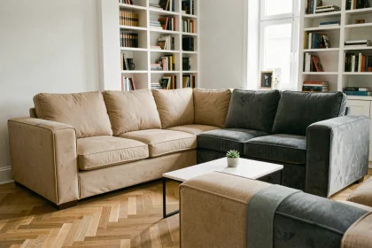 Protège canapé angle réversible beige et gris dans un salon moderne au parquet en chêne clair