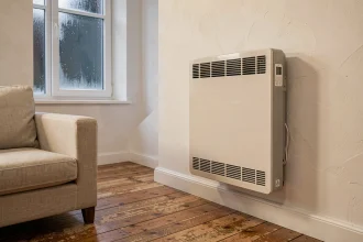 Radiateur à accumulation électrique blanc fixé sur un mur dans un salon chaleureux avec parquet en chêne et fenêtre givrée en hiver