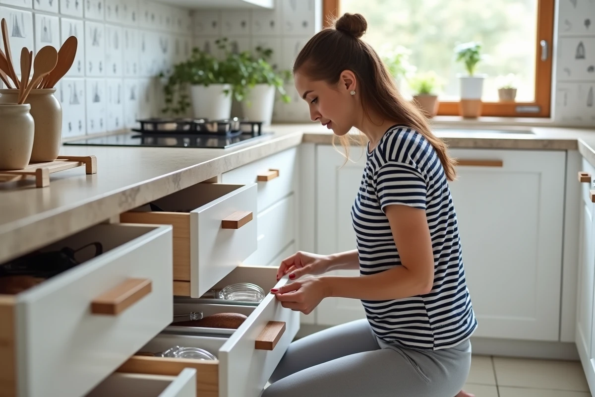 Femme rangeant des ustensiles de cuisine dans des tiroirs compartimentés dans une cuisine moderne et organisée