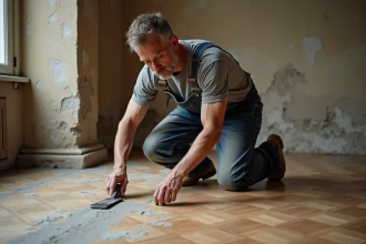 Artisan appliquant un produit de ragréage sur un vieux parquet abîmé lors d'une rénovation de sol ancien