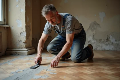 Artisan appliquant un produit de ragréage sur un vieux parquet abîmé lors d'une rénovation de sol ancien