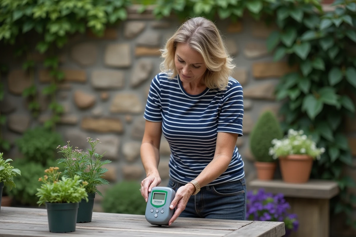 Femme programmant et réglant un minuteur d'arrosage Gardena sur une table de jardin