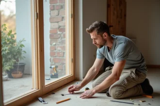 Homme mesurant un cadre de fenêtre en bois lors d'un remplacement de fenêtre en rénovation intérieure DIY