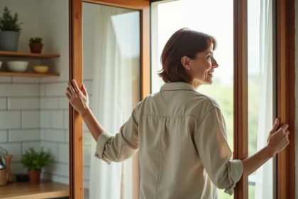 Femme ouvrant une fenêtre à battants dans une cuisine moderne pour renouveler l'air naturellement