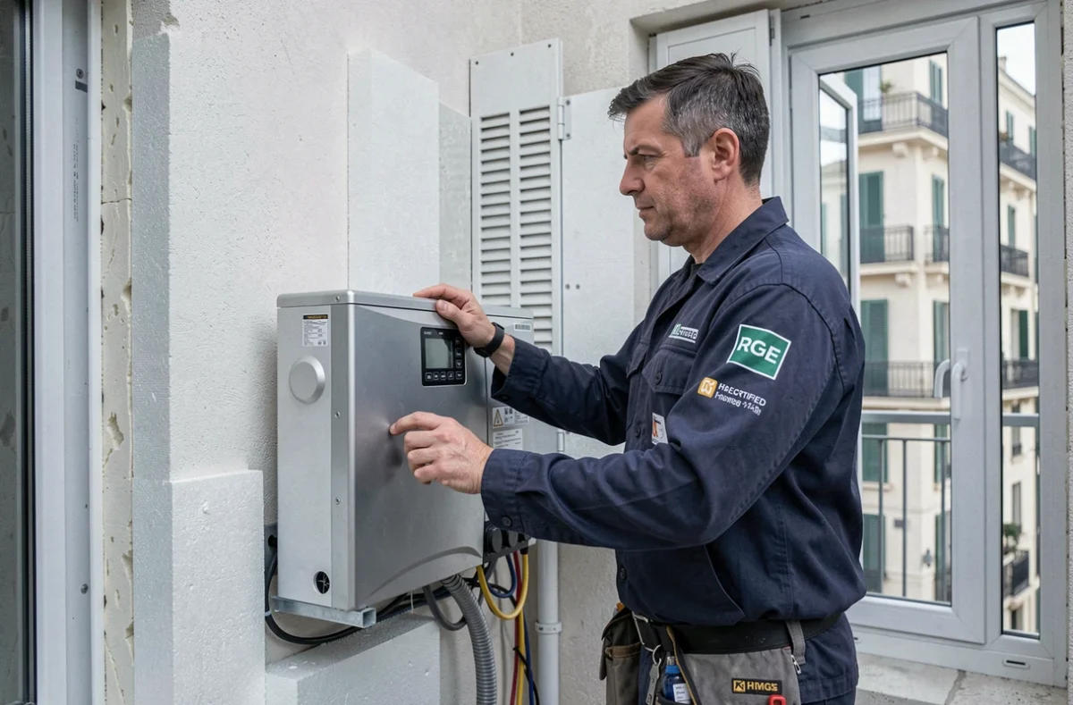 Technicien certifié RGE de Renov'13 installant une pompe à chaleur sur un immeuble résidentiel marseillais