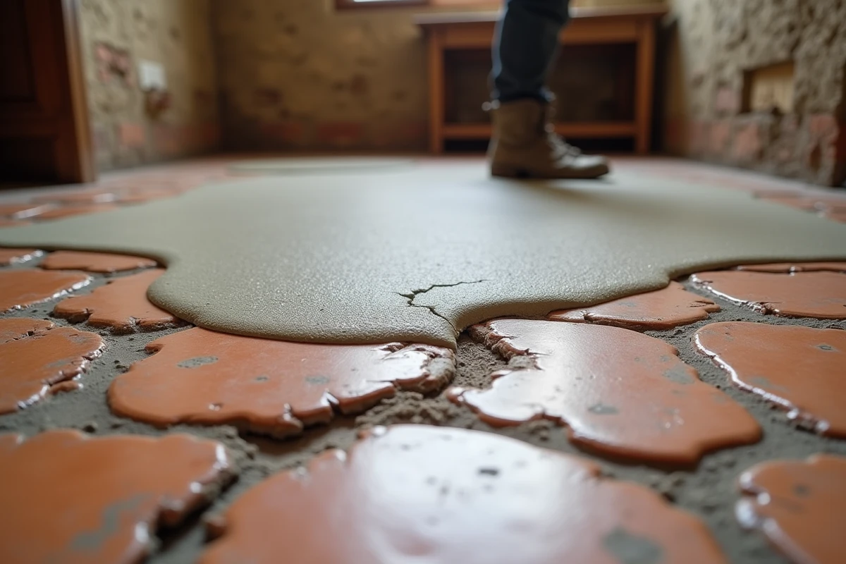 Ragréage d'un carrelage ancien fissuré en terre cuite avec application d'une chape autonivelante