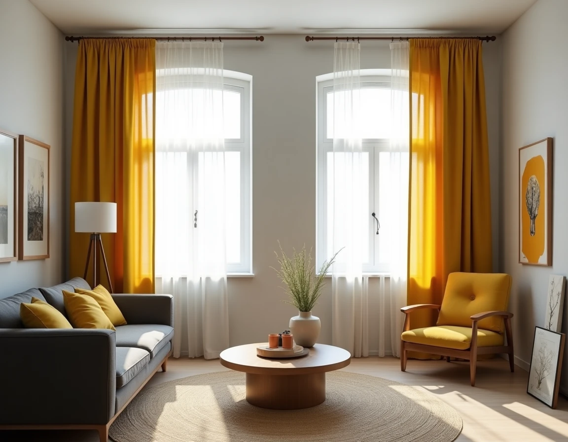 Salon scandinave avec rideaux jaune moutarde superposés sur voilage ivoire pour réveiller un intérieur neutre