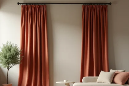 Salon avec rideaux en lin terracotta apportant de la couleur à un intérieur neutre et épuré