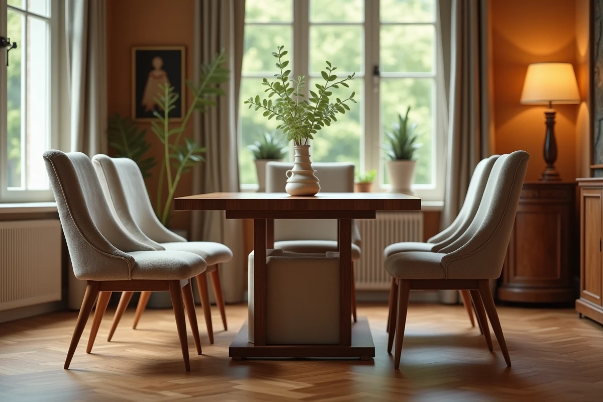 Salle à manger moderne avec chaises rembourrées et une chaise ouverte révélant sa couche de mousse intérieure lors d'un projet de retapissage