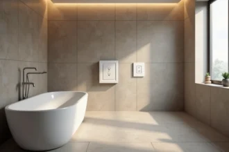 Salle de bains moderne avec prise électrique IP44 installée dans la zone réglementaire à distance sécurisée de la baignoire