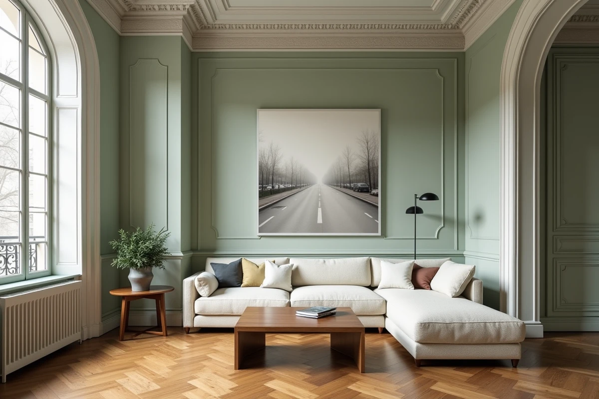 Salon d'appartement haussmannien rénové mêlant moulures anciennes et mobilier contemporain scandinave
