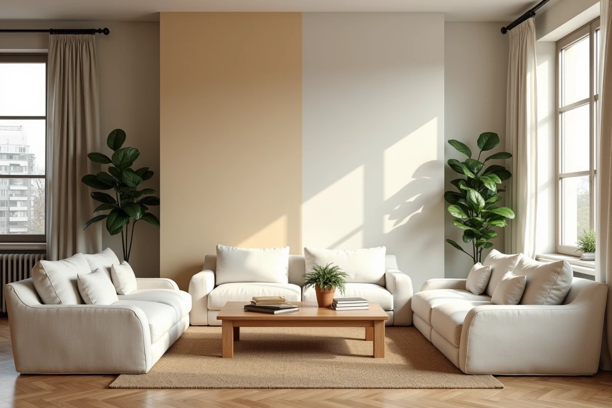 Salon partagé illustrant la différence visuelle entre le beige toile chaleureux et le beige accessible plus neutre sur les murs