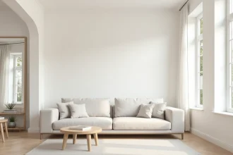 Salon compact peint en blanc chaleureux pour agrandir visuellement l'espace avec un miroir et un canapé en lin