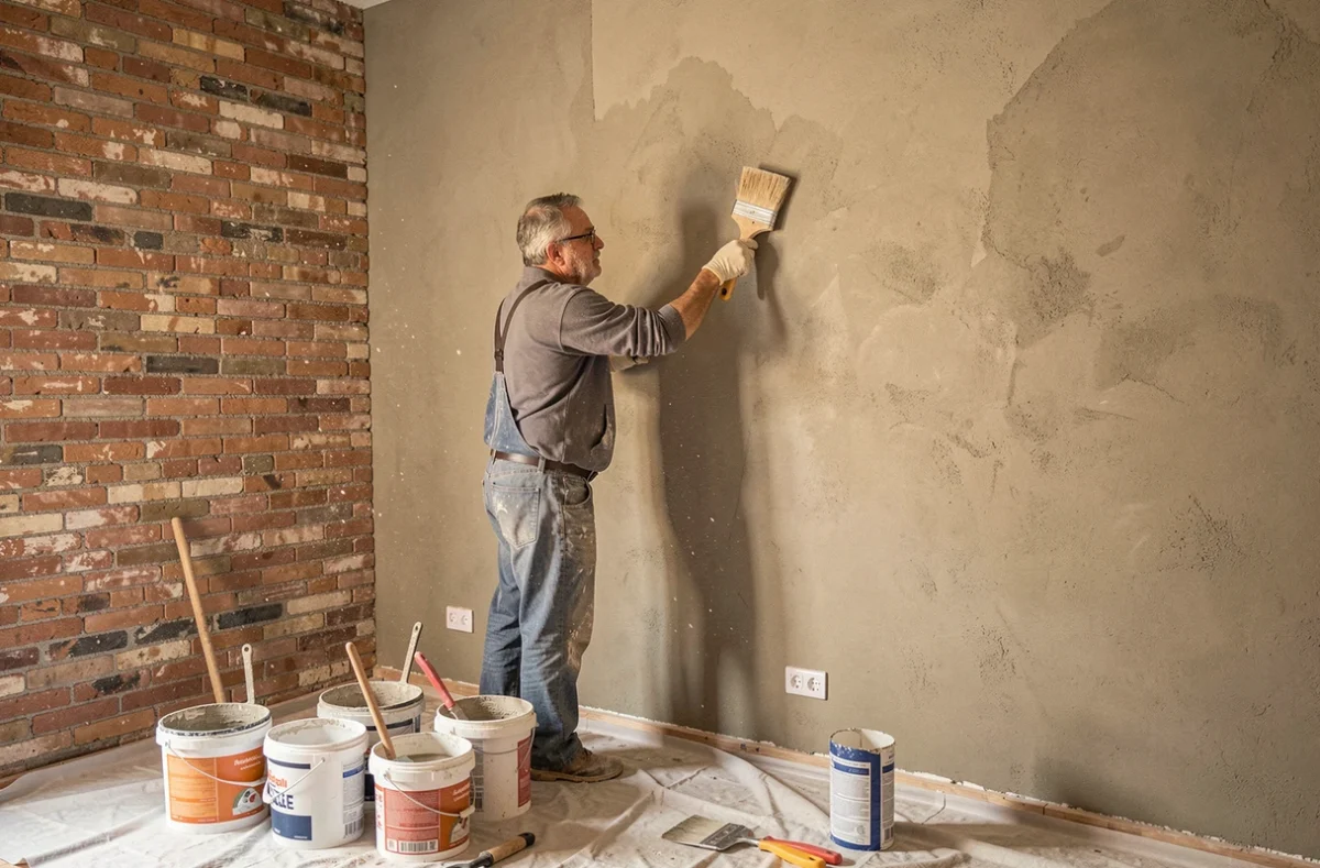 Artisan plâtrier de SG Renovation appliquant un enduit sur un mur intérieur d'une maison marseillaise
